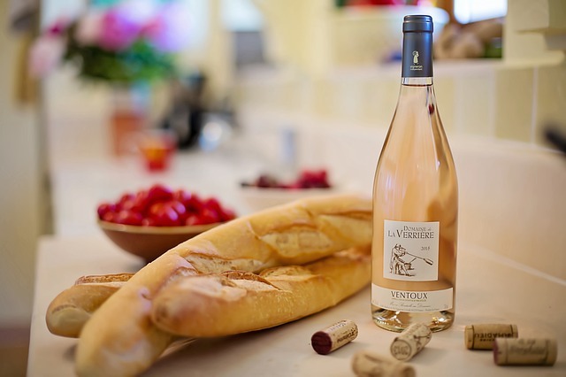 bottle of wine with French bread